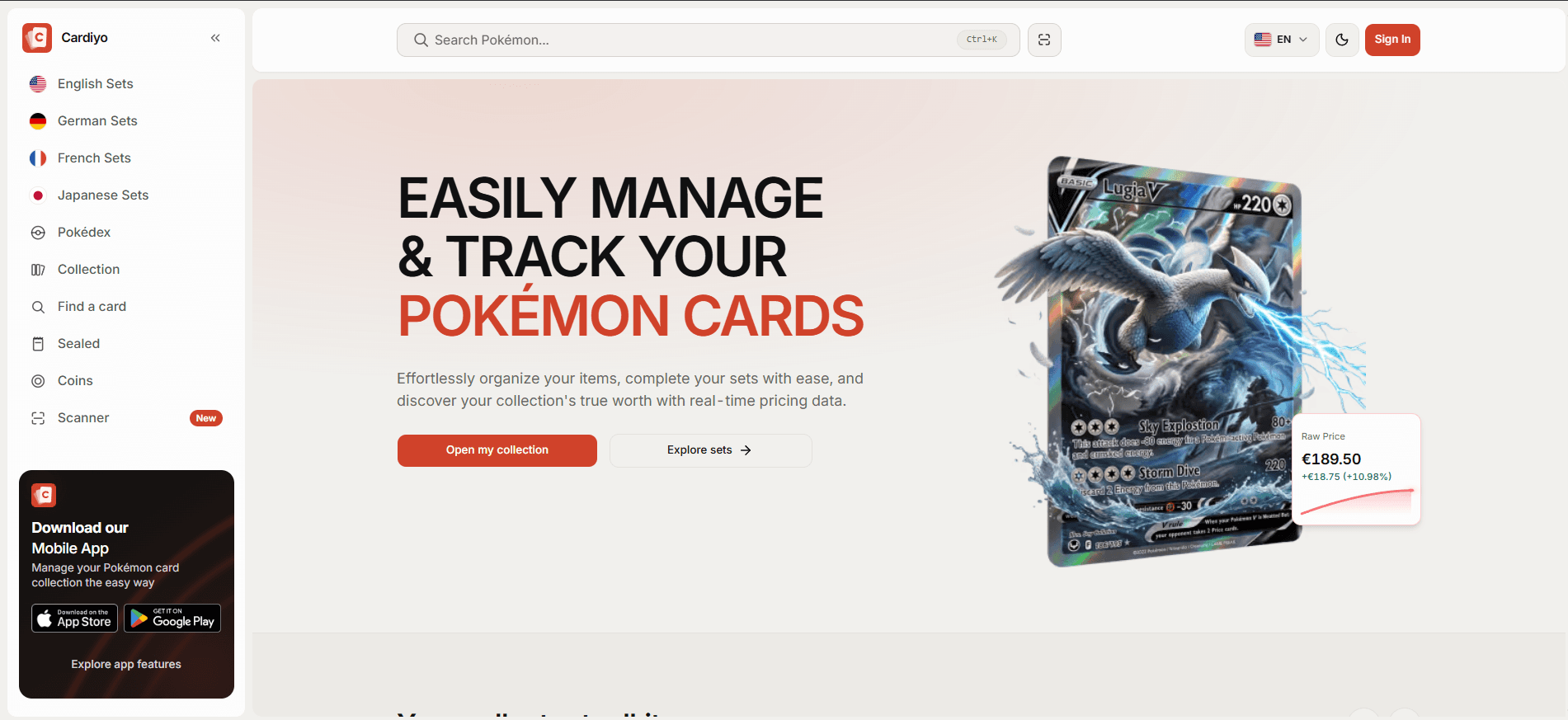 Cardiyo - Pokémon TCG Collection & Price Tracker Desktop Mockup
